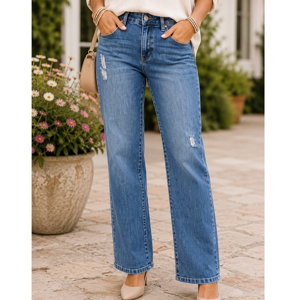 JustFab Womens Distressed Straight Leg Jeans Medium Wash Blue Size 30 Denim Fall